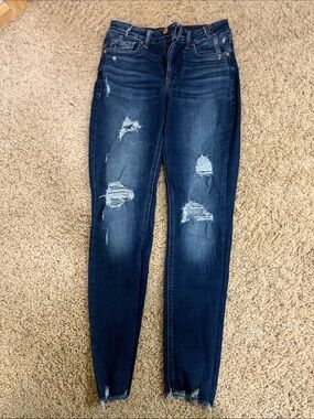 High-Rise Dark Blue Distressed Skinny Jeans